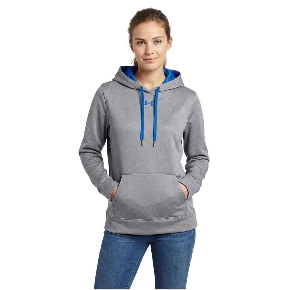 Under Armour Gray Fleece Hoodie Sweatshirt Blue Trim Hood Drawstrings Womens Med